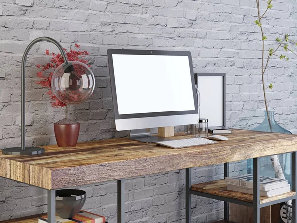 Mockup Monitor Wooden Desk Shipster Style Рендеринг — стоковое фото