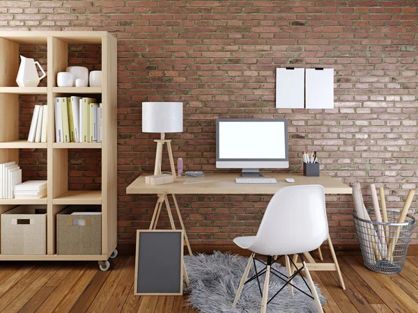 mockup monitör hipster dolabı dekorasyonu ile iç masada. 3D render.