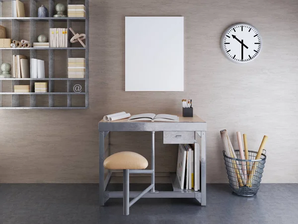 Maqueta Blanco Pared Color Beige Con Muebles Metal Renderizado —  Fotos de Stock