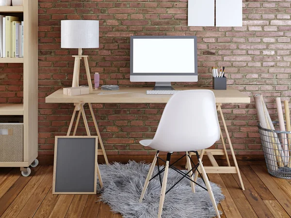 Mockup Monitor Table Interior Hipster Cupboard Decor Render — Stock Photo, Image