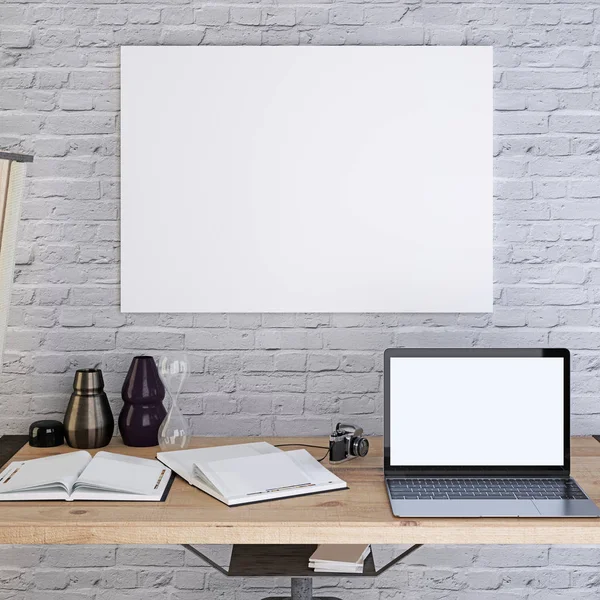 Cartel Blanco Burlón Una Pared Ladrillo Blanco Con Una Computadora —  Fotos de Stock