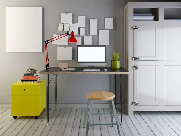 Mockup Monitor Mockup Blank Wall Interior Loft Shelving Books Render — Stock Photo, Image