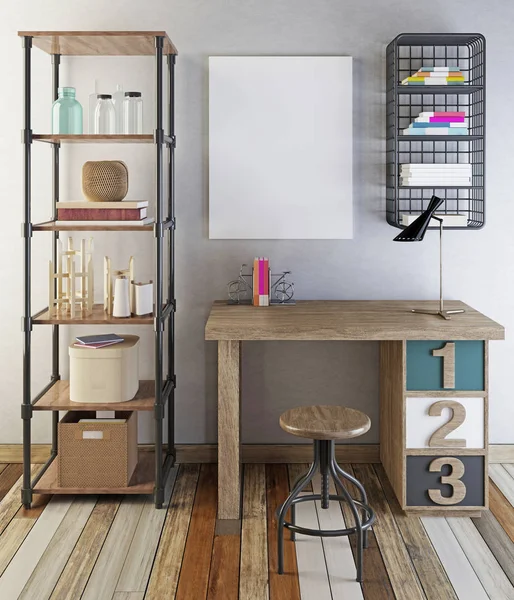 Mockup poster hippi tarzı masanın üstünde. Raflar, raflar kitap ve dekorasyon 3d render ile.