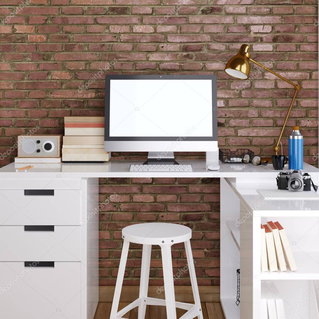 mockup monitor on white desktop background on a red brick wall. 3D render.