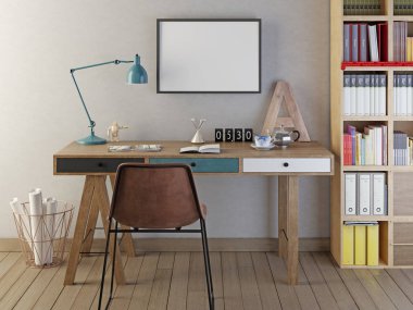 Mockup poster sıcak renkler Oda, hippi tarzı boş. 3D render.