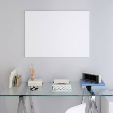 mockup poster boş bir cam masa bir hippi tarzı ışık duvarına. 3D render.