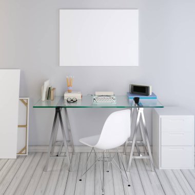 mockup poster boş bir cam masa bir hippi tarzı ışık duvarına. 3D render.