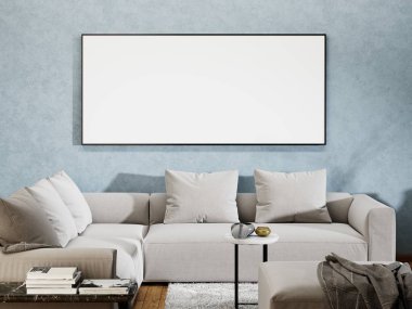 bir kanepe ve dekor ile modern bir iç mockup posterdeki boş. 3D render.