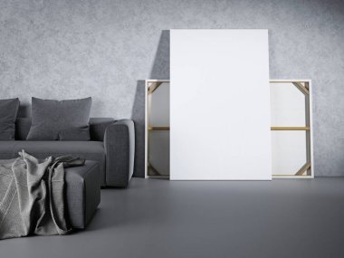 mockup stilize poster gri tonları Çağdaş stil iç katta. 3D render.