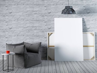 bir büyük siyah ve yenilikçi iç lamba siyah sandalye ile bir tuğla duvar üzerine mockup poster. 3D render.