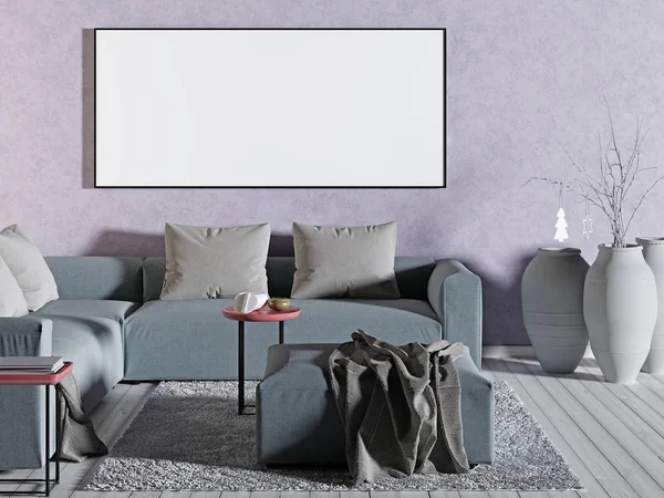 mockup poster form on the pink wall with a sofa contemporary style. 3D render.