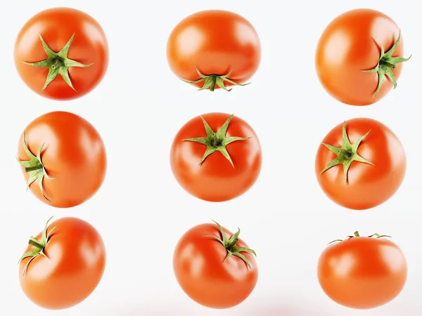 Set Nueve Tomates Aislados Sobre Fondo Blanco Tomates Diferentes Posiciones — Foto de Stock