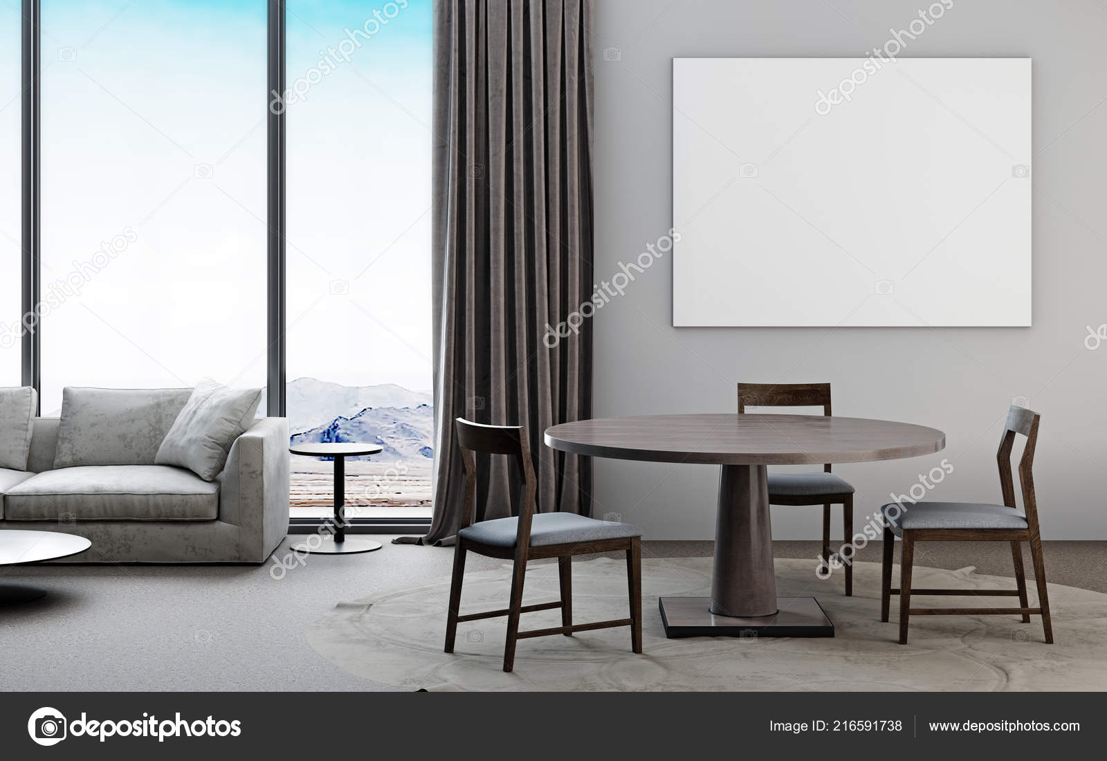 Download White Grey Living Room Sofa Dining Table Mockup Poster Render Stock Photo Image By C Kuprin33 216591738