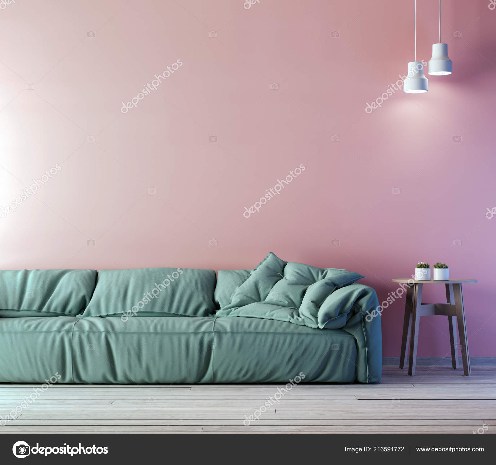 Contemporary Interior Soft Green Sofa Pink Walls Mockup Render — Stock