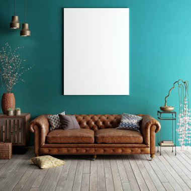 Klasik oturma odasında posteri alay. Işık yeşil ve kahverengi iç kanepe ile. 3D render.