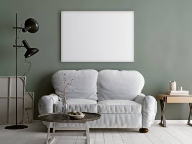 Beyaz gri ve bej mobilya ve dekorasyon modern oturma odasında poster kadar sahte. 3D render.