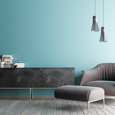 poster hipster iç arka plan, İskandinav tarzı, koltuk ve raf alay. 3D render, 3d çizim