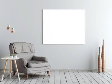 Boş poster, koltuk oturma odasında, 3d render