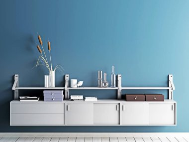 mavi iç arka plan, İskandinav tarzı, 3d render, 3d çizim