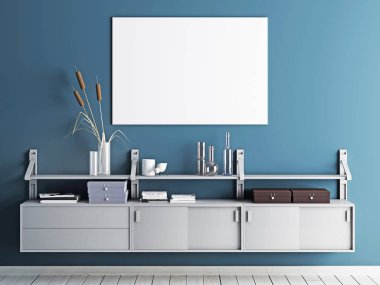 mavi iç arka plan, İskandinav tarzı, 3d render, 3d çizim posterdeki kadar alay