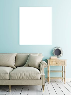 Kare afiş kadar kanepe ve pastel duvar arka plan üzerinde düşük tablo sahte. 3D render.