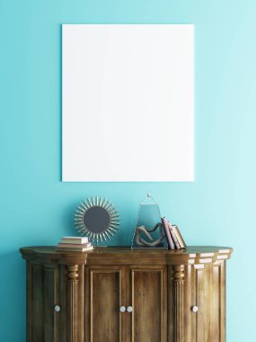 mavi duvar arka plan üzerinde komodinin üzerinde poster alay. 3D render. 3D çizim