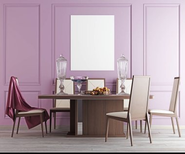 Yemek odası, modern arka plan, 3d render, 3d çizim posterdeki kadar alay