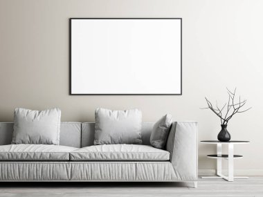 Kare afiş kadar kanepe ve bej duvar arka plan üzerinde düşük tablo sahte. 3D render.