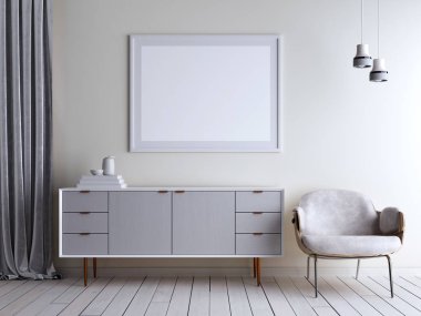 Bej renkli duvar Oda göğüs ve iç sandalyede alay. İskandinav tarzı iç. 3D render