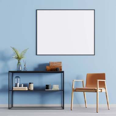 İç poster mock-up dekor ve koltuk odası ile raf ile. 3D render.