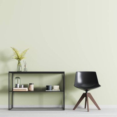 Modern iç dekorasyonu ve sandalye odasında raflar ile mock-up için boş duvar ile. 3D render.