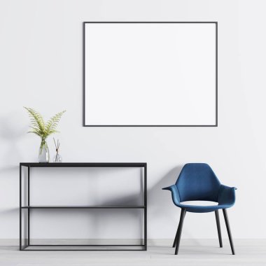 İç poster mock-up dekorasyonu ve sandalye odasında raflar ile. 3D render.