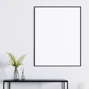 Mockup poster tablosunun bir cam vazo içinde bir bitki ile üstünde. 3D render.
