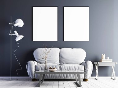 iki modern bir iç beyaz bir kanepe ile mor bir duvara poster kadar alay et. 3D render.