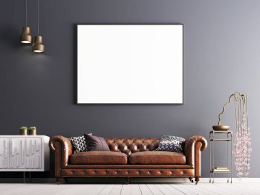 poster klasik stil iç deri kanepe ve bitki ile alay. 3D render