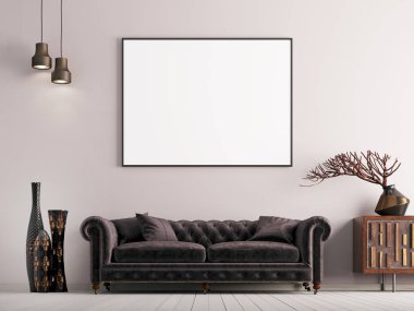 poster klasik stil iç kahverengi kanepe ve bitki ile alay. 3D render
