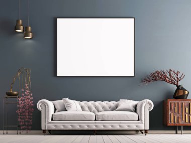 Beyaz kanepe ve dekor ile iç klasik tarzda gri duvar posteri alay. 3D render