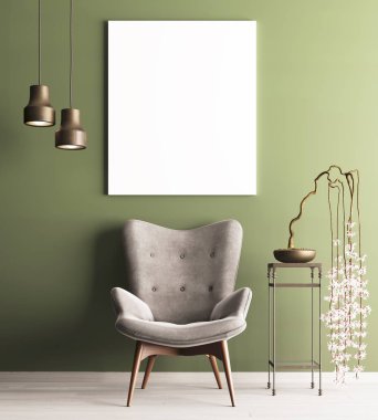 poster sandalye ve masa, Minimalizm çatı iç arka plan, 3d render, 3d çizim bitki ile alay
