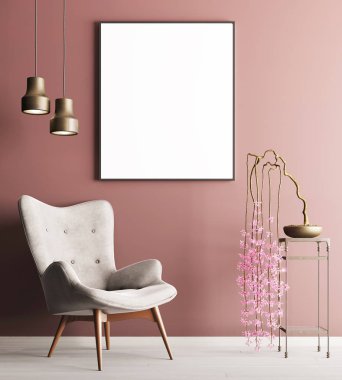 poster sandalye ve masa, Minimalizm çatı iç arka plan, 3d render, 3d çizim bitki ile alay