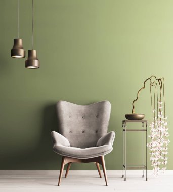 sandalye ve masa, Minimalizm çatı iç arka plan, 3d render, 3d çizim bitki ile boş duvar
