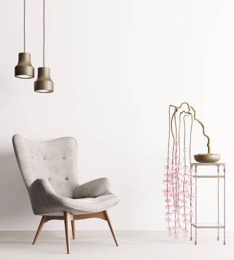 sandalye ve masa, Minimalizm çatı iç arka plan, 3d render, 3d çizim bitki ile boş duvar