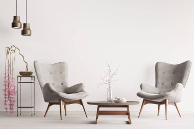 Boş duvar yumuşak koltuklar, bitki ve lambalar ile pastel iç klasik tarzda. 3D render