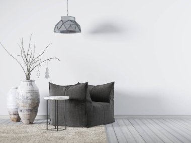 Boş duvar iç arka plan, İskandinav tarzı, 3d resim, 3d render mockup için