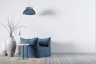 Arka plan boş duvar ile iç ve mavi koltuk küçük masa ve lamba, 3d render, 3d çizim.