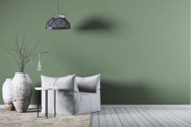 Yeşil duvar beyaz boş koltuk ve küçük yan sehpa ile iç. 3D render