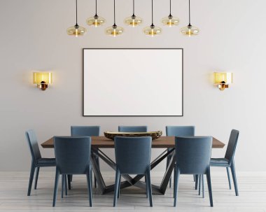 mockup poster uzun masa ve sekiz sandalyeler ile modern yemek salonunda. 3D render