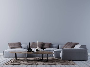 Çağdaş salon köşe kanepe, 3d render, 3d resimde boş duvara