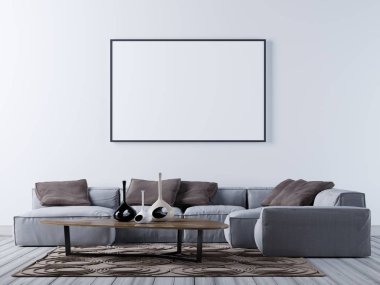 boş poster köşe kanepe, 3d render, 3d çizim ile modern oturma odası duvar üzerinde yukarı alay