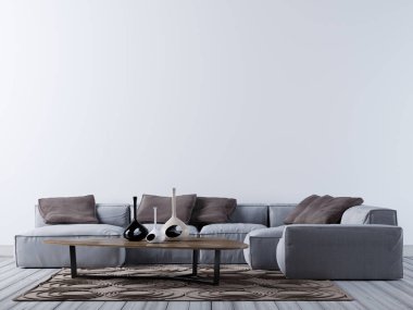 Çağdaş salon köşe kanepe, 3d render, 3d resimde boş duvara