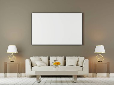 Oturma odası iç duvar alay kadar beyaz koltuk, yastık ve lambalar kahverengi arka planda, 3d render, 3d çizim ile